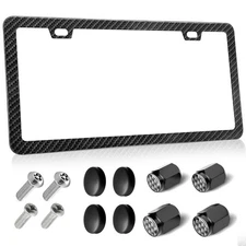 License Plate Frame with Carbon Fiber Finished and 4 Tire Valve Stem Cap Cover 