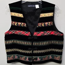 VTG 90s Eagles Eye Christmas Vest Large Black Velvet Patchwork Holidays Festive