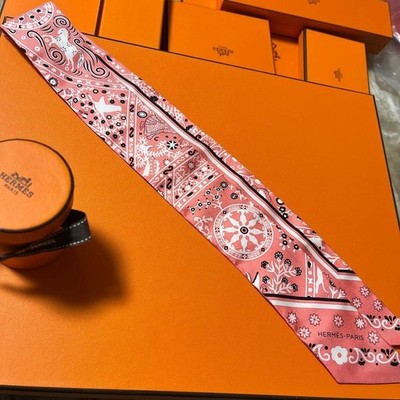 Hermes Twilly Seidentuch Rosa Schwarz Weiß Frankreich 86 cm x 5 cm Gebraucht
