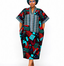 Multicolor Geometric Kaftan Midi Dress V-Neck Pullover Short Sleeve Pockets