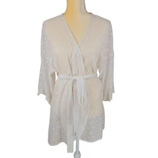 In Bloom by Jonquil Lace Robe Women M Short Lightweight Cream 1/2 Sleeve Cottage