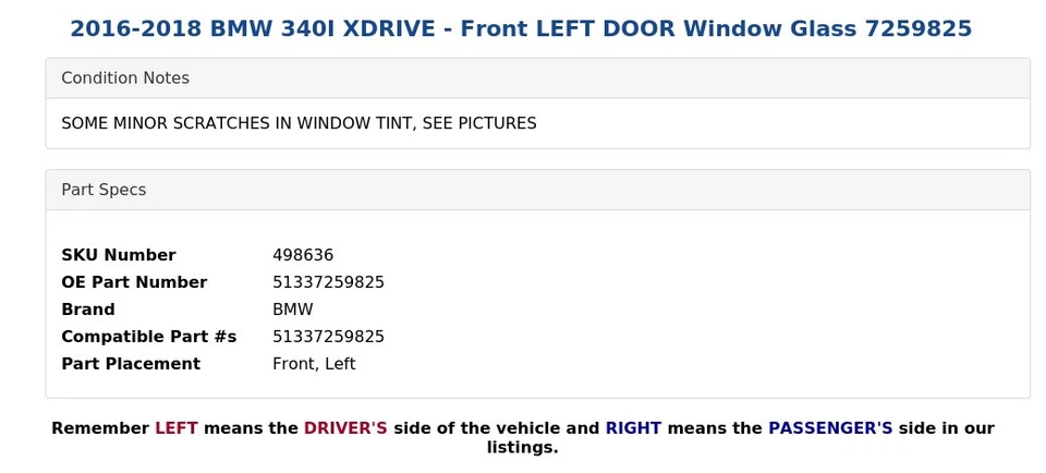 BMW 340I XDRIVE 2016-2018 - puerta delantera izquierda ventana vidrio 7259825 Foto 4 de 4