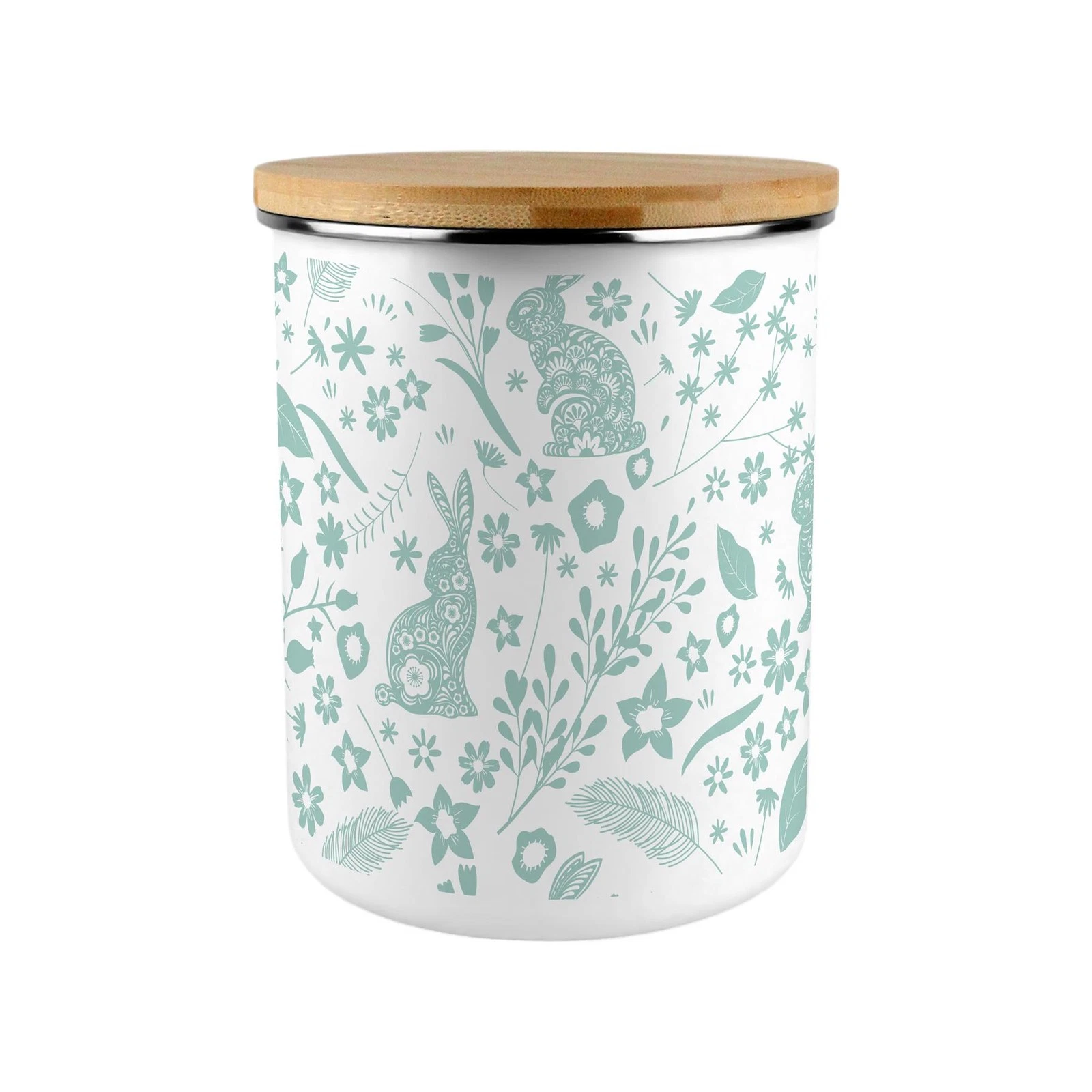 Green Rabbits Print Storage Canister - XL Enamel Container Home Gift