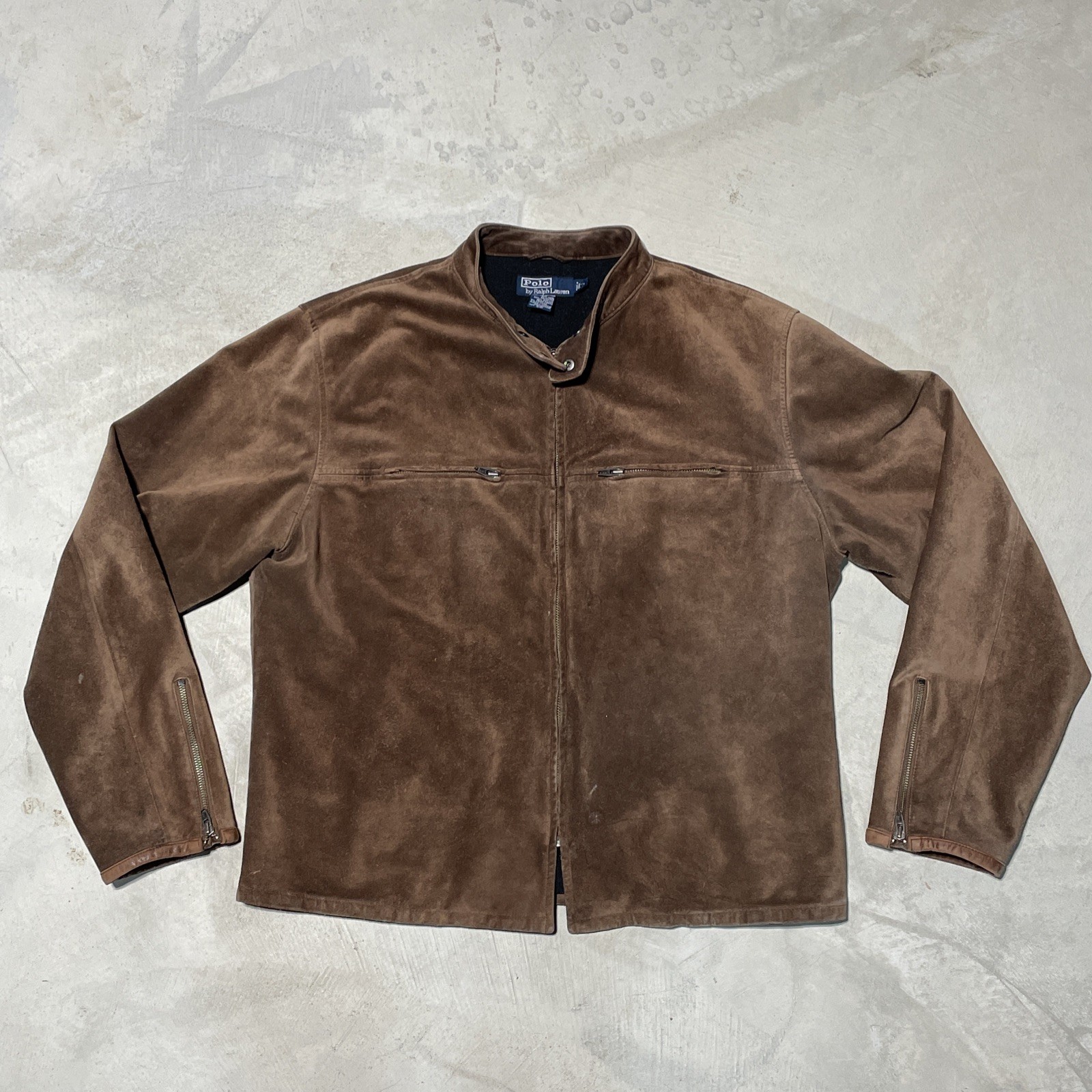 VTG Polo Ralph Lauren Men's Jacket SZ XL Brown Suede Leather Biker Coat Zippers