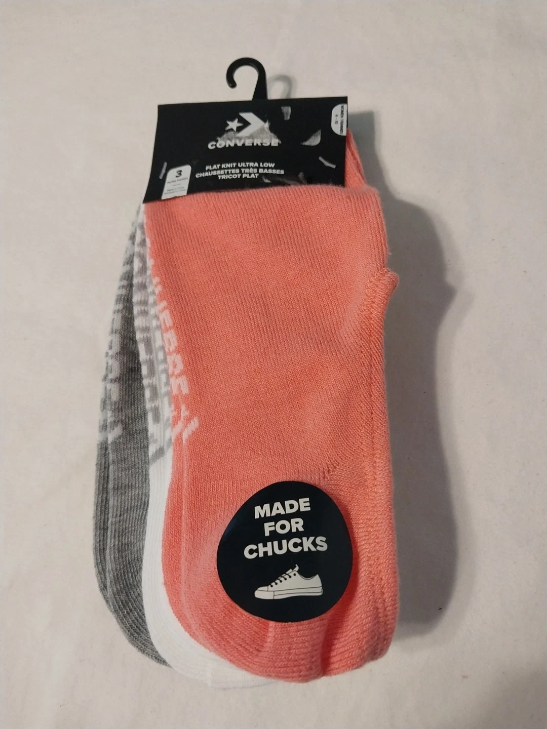 3 paia calze donna Converse nuove maglia piatta ultra basse bianco grigio rosa taglia 4 10