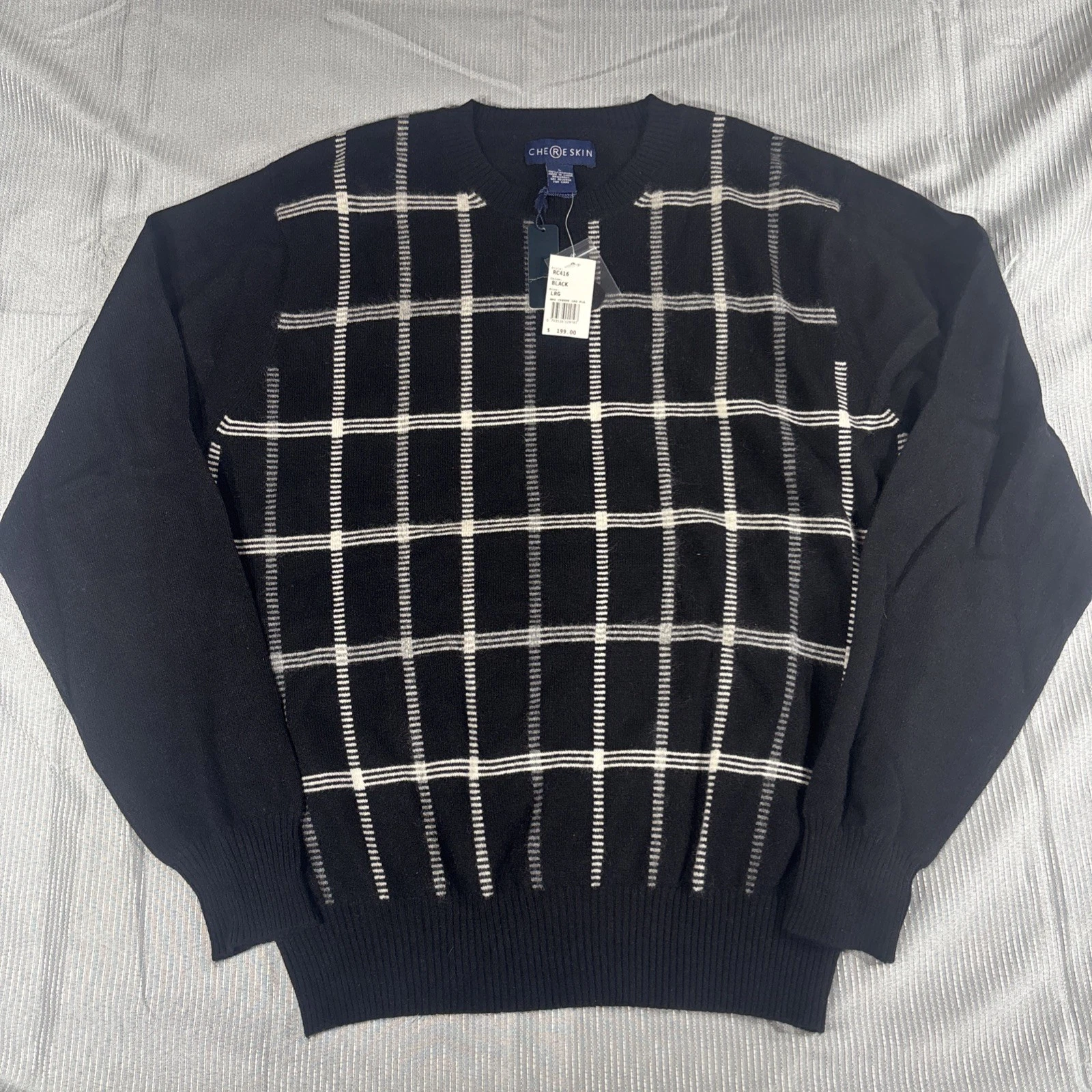 Chereskin Cashmere Sweater Mens Large Black Windowpane Plaid NWT Crewneck Luxury