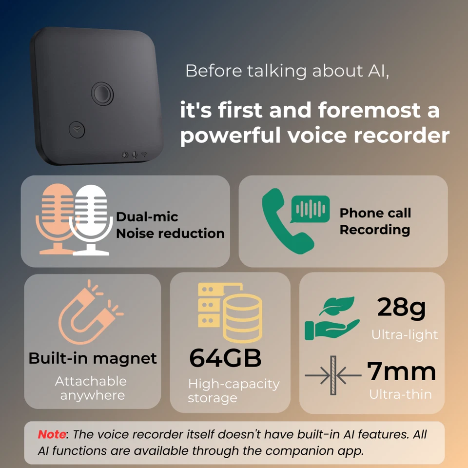 AI Voice Recorder, With Speech-to-Text & Summarization, 102 Languages,64GB Black - Image 3 of 4