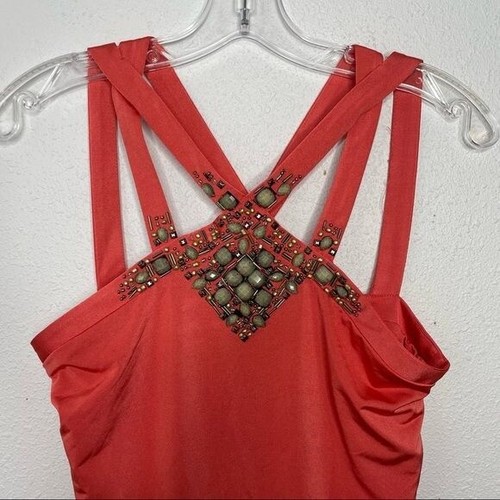 Cache Coral Orange Silky Top with Stone Embellishments size S - Picture 3 of 9