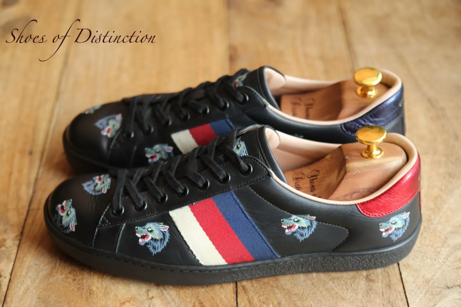 Gucci Ace chaussures loup cuir noir baskets hommes UK 8 US 9 EU 42 RARE