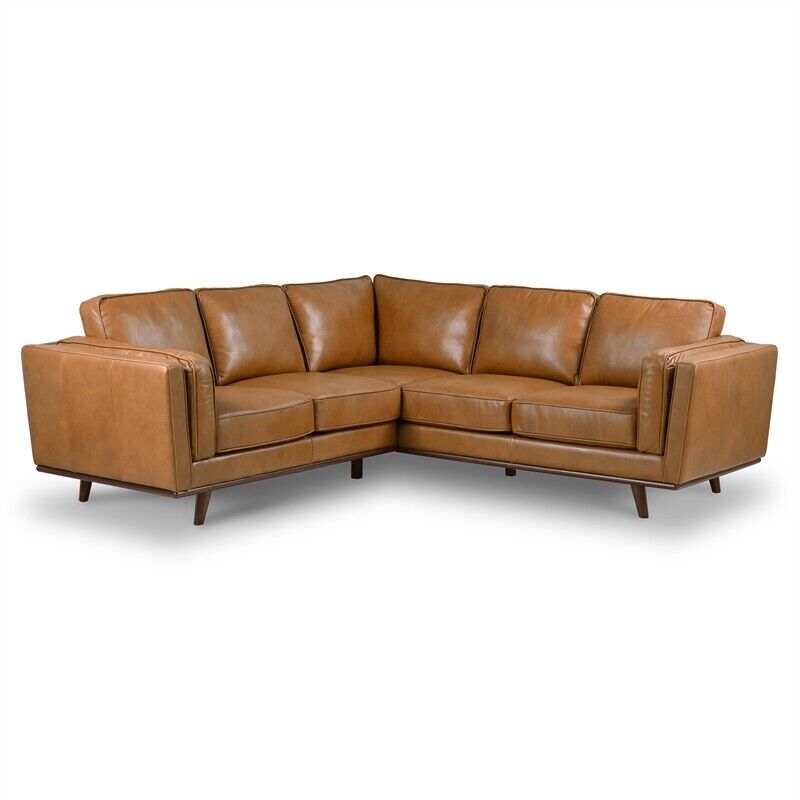 Everdale Mid-Century L-Shaped Pillow Back Genuine Leather Corner Sofa in Tan