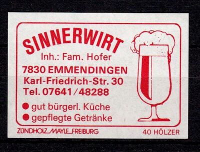 417730/ Zündholzetikett - Gasthaus ''SINNERWIRT''   7830 Emmendingen