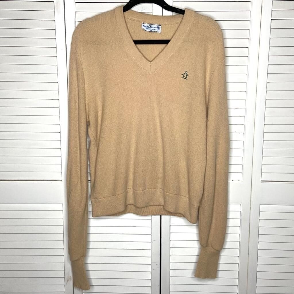 Vintage 70s GRAND SLAM Munsingwear Original Penguin Beige V-Neck Sweater  Men's M