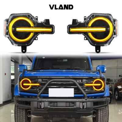 VLAND 1Pair Full LED Headlights For 2020-2023 Ford Bronco with Yellow LED DRL