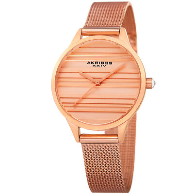 Womens's Akribos XXIV Ak1005RG Quartz Striated Rose-Tone Mesh Bracelet Watch