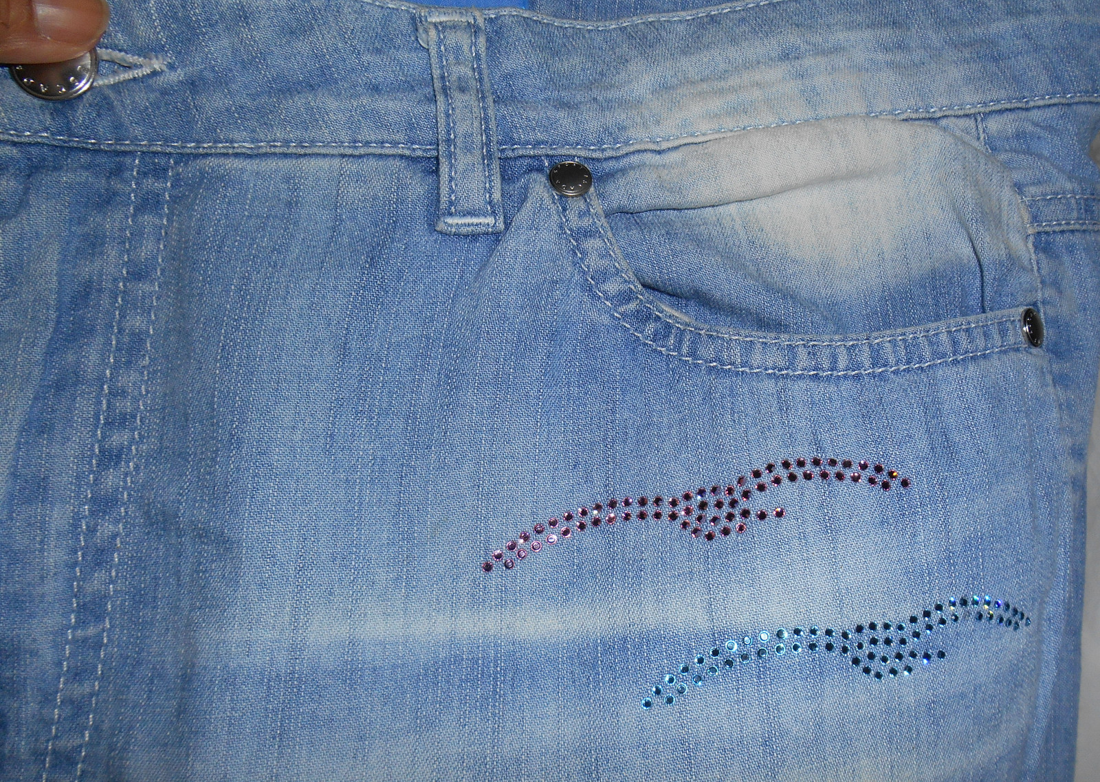ESCADA SPORT Vintage Jeans 12 42 Blue Denim Pants Swarovski Bird Flowers Palm image 7