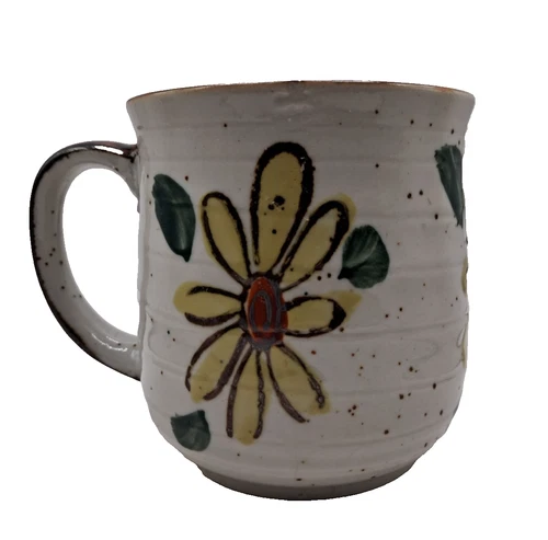 Vintage Otagiri Style Stoneware Coffee Mug Cup Speckled  Yellow  Flower Japan