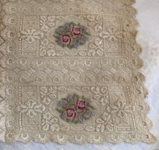RARE Antique VICTORIAN PETIT POINT Embroidered Lace Doily 18" AUTHENTIC ANTIQUE