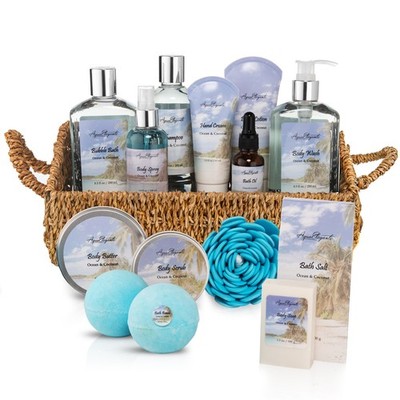 Bath Spa Gift Set (Aqua Elegante) - Luxury Basket With Ocean & Coconut