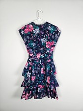 Vintage Floral Tiered Belted Knee Length Cap Sleeve Dress