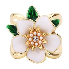 Elegant Gardenia Flower Scarf Ring, CZ Crystal Floral Clip Fashion Metal Buck...