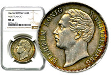1862 German States Taler - Kingdom of Wurttemberg - NGC MS 61  Nice Color! CC980