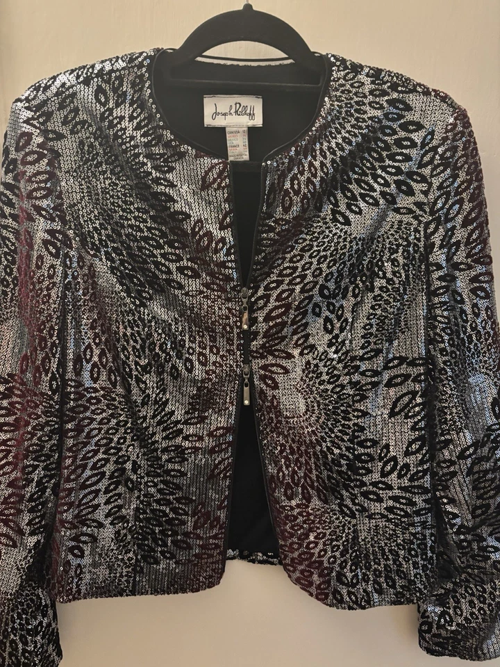 Joseph Ribkoff  Sequin full-zip up cardigan. Size 12 With Maroon, Grey, & Black - Image 2 of 4