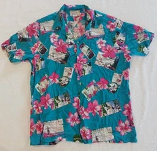 Kalaheo Mens XL Hawaiian Shirt Blue Pink Postcards, Surf & Nautical- Vintage