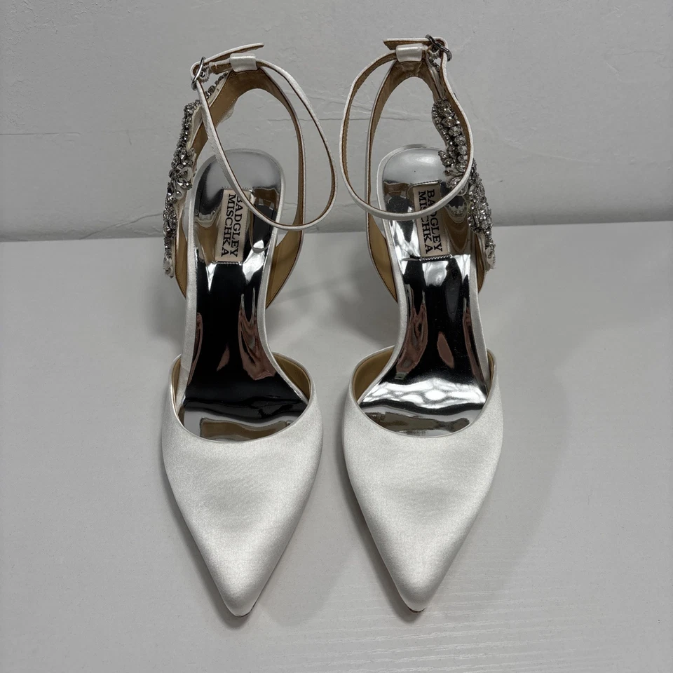 Badgley Mischka Blanca Strappy Crystal Stiletto Women’s Sz 10 White Pumps CLEAN - Image 4 of 4