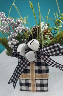 Small Winter Holiday Table Centerpiece Pinecones, Bells, Pine, Square Basket F1