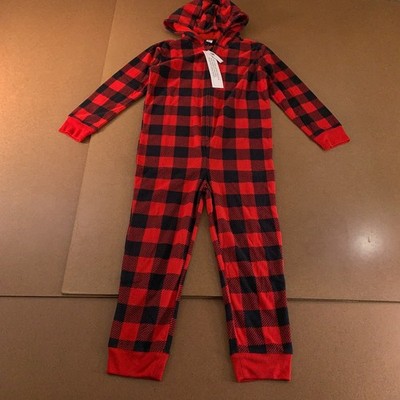 Old Navy Kids Unisex Medium 8 Red Plaid Microfleece Hooded Pajama One-Piece NWT