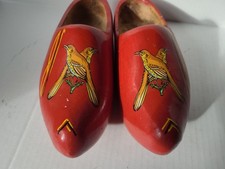 Beautiful Vintage Dutch Carved Wood Clogs Klompen Red Hand Painted Bird