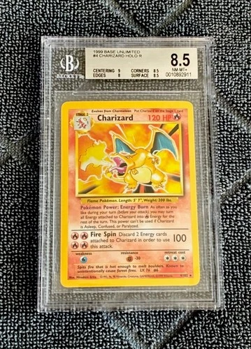 1999 Pokemon Base Set Unlimited #4 Charizard Holo BGS 8.5 (9, 8, 8.5, 8.5) Rare