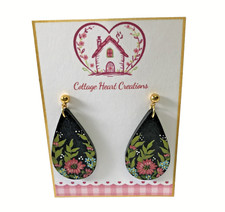 Artisan Hand Painted Womens Gold Black Multicolor Flowers Wood Teardrop Earrings