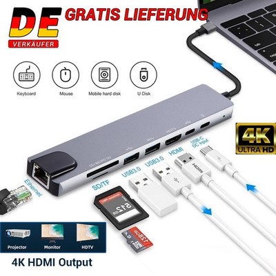 USB C Hub 8 in 1 Adapter mit HDMI 4K USB 3.0 Micro SD/TF RJ45 Ethernet Netzwerk