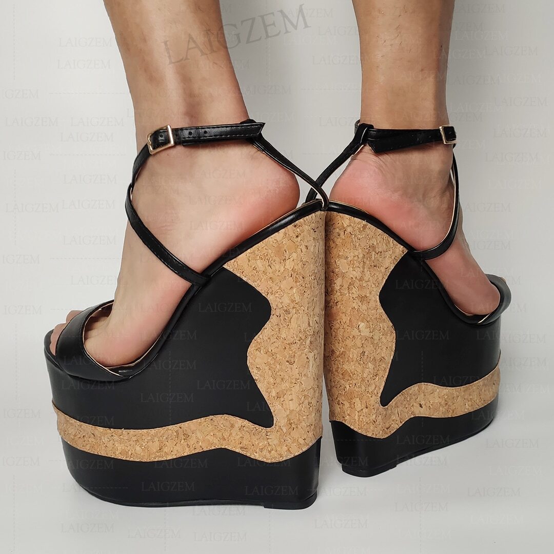 Women Sandals Patchwork Platform Wedges Extreme High Heels Pumps Height