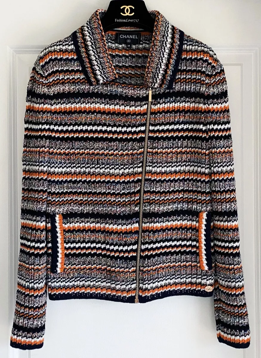 NEW CHANEL 17C CUBA STRIPE KNIT ZIP JACKET NAVY ORANGE WHITE 38