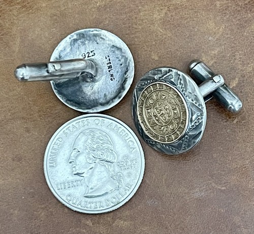 Vintage 925 Sterling Gold Color Aztec Calendar Mayan Sun Face Mexico Cufflinks - Picture 9 of 12