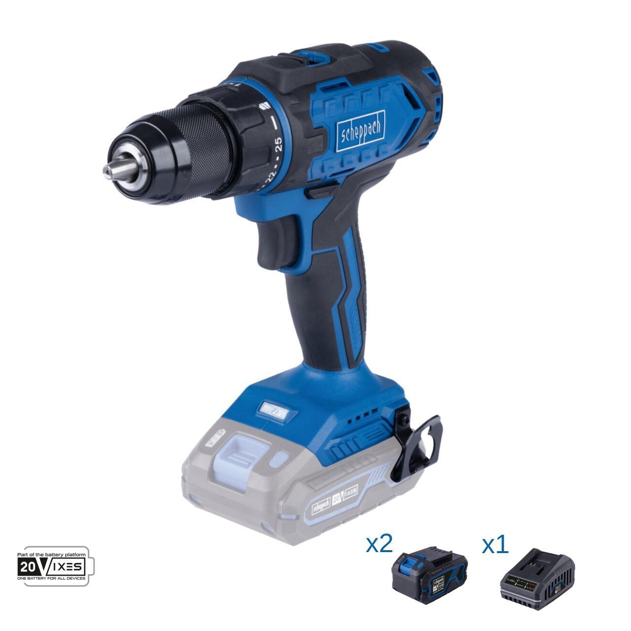 Trapano avvitatore 20v 2 batterie 4.0Ah e caricabatteria ixes Scheppach c-dd45-x