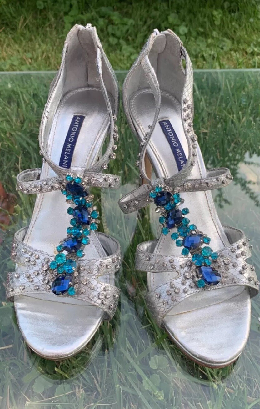 Antonio Melani Womens Size 9.5 Strappy Silver Blue Rhinestone 4-Inch Heels