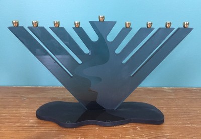 New Smoked Gray Glass Hanukkah Menorah Hebrew Jewish Chanukah Piece Ebay