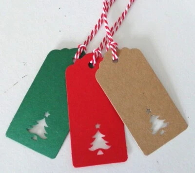 GILCHRIST Christmas Gift Tags Nordic Tree Motif Recycled Kraft Card Labels 9x4.5cm + Ties