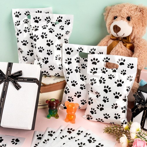 120 Pcs Paw Print Bags White Plastic Dog Birthday Gift Bag Bulk Dog Goodie Ba... - Picture 2 of 7