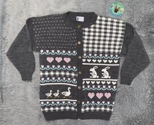 VTG 80’s Large Needles Up Duck Rabbits Hearts Cardigan Sweater USA Made Easter