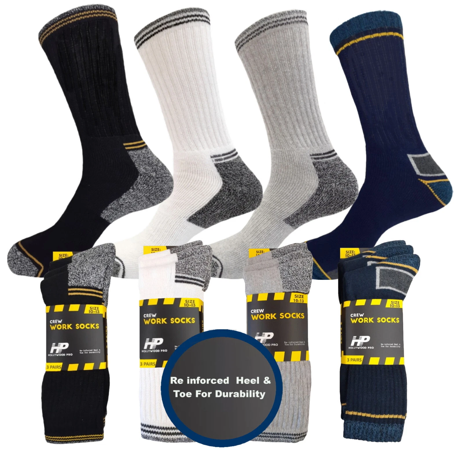 6PK MEN'S LONG CREW WORK SOCKS COTTON INDUSTRIAL SOCKS REINFORCED HEEL AND TOE
