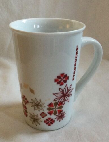 12 Oz. Starbucks Coffee Red & Gold Poinsettia Snowflake Coffee Cup Mug 2013 - Picture 1 of 6