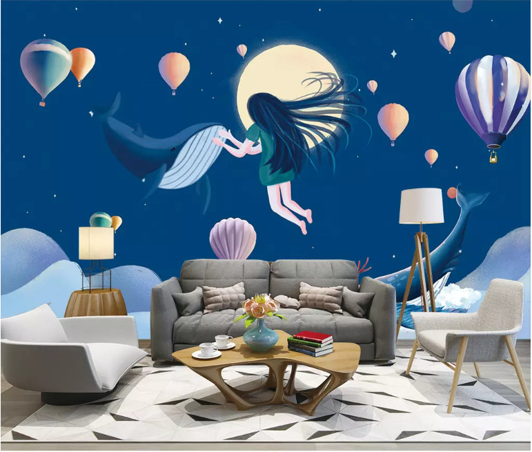 3D Whale Girl Moon 11142NA Wallpaper Wall Mural Removable Self-adhesive Fay