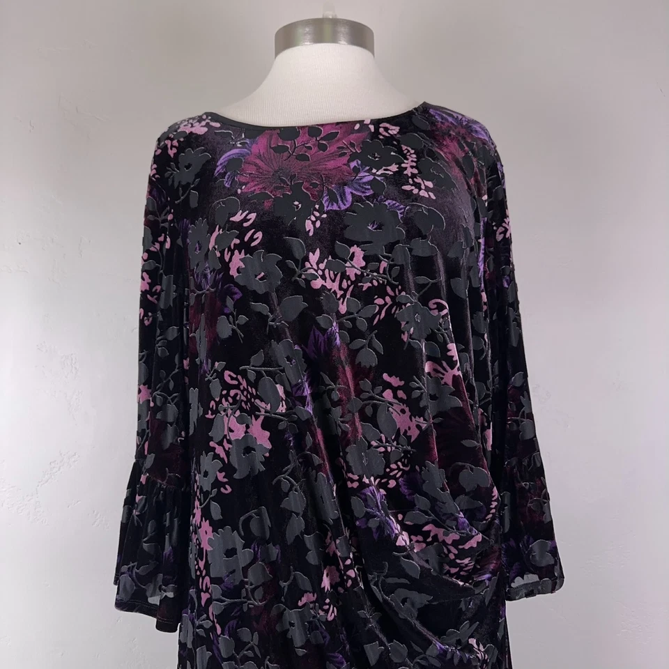 Adrianna Papell Women 22W Floral Velvet Burnout Sheath Purple Velour Bell - Image 2 of 4