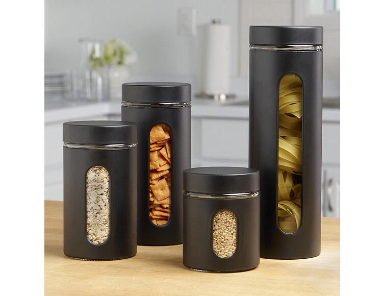 Chef’s Mark Black Metal Window Canisters 4-Pc Set NIB SEALED NOS Modern Minimal