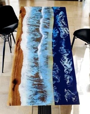 48"x24" Ocean Blue wave Epoxy Resin Center Dining Table Acacia Wooden Modern Dec