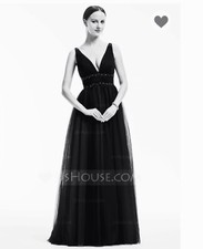 A-line Princess V neck Maxi Long Elegant Gown Formal Evening Wedding Dress Black